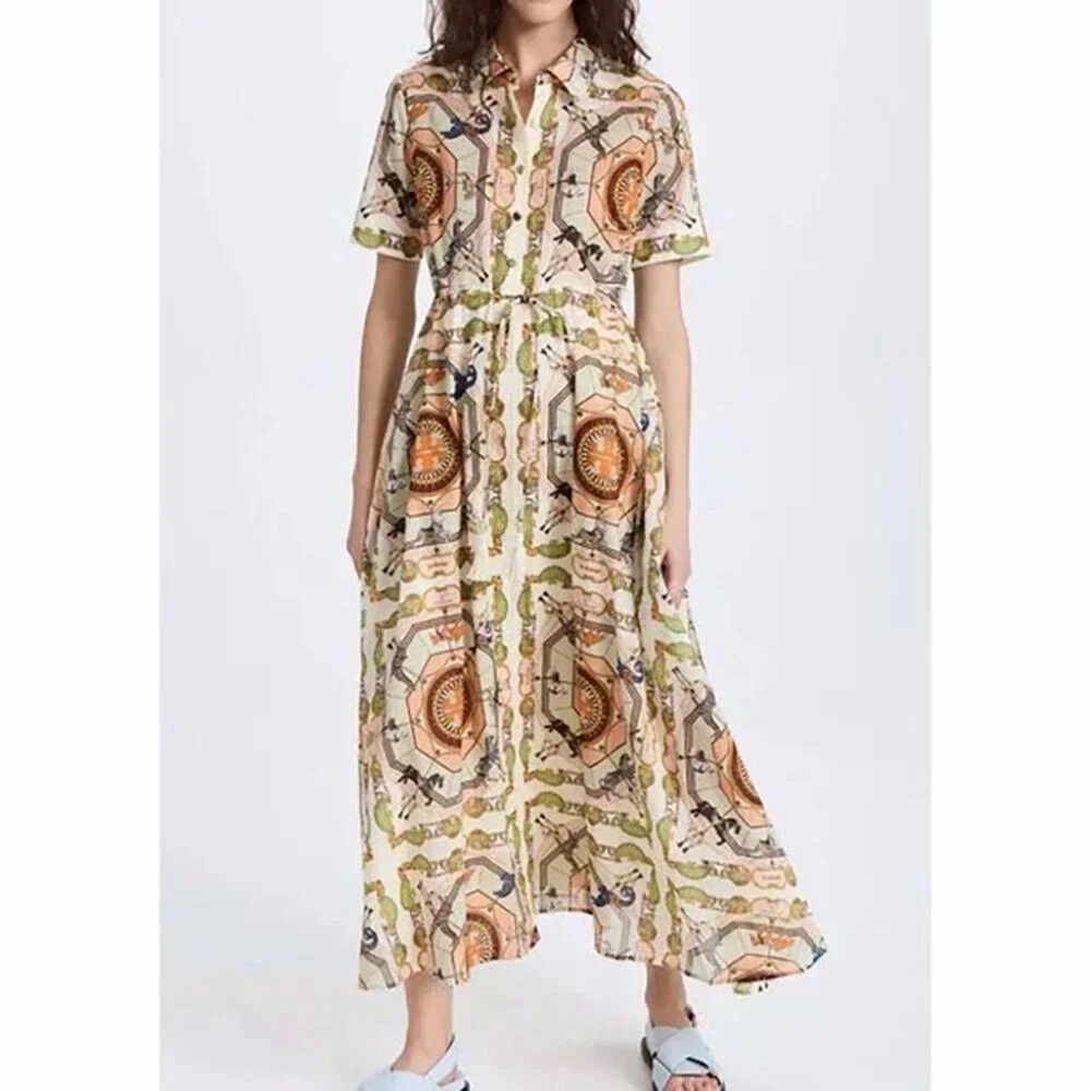 Tory Burch Carousel Print Midi Shirt Dress Cotton Animal Orange Printed S